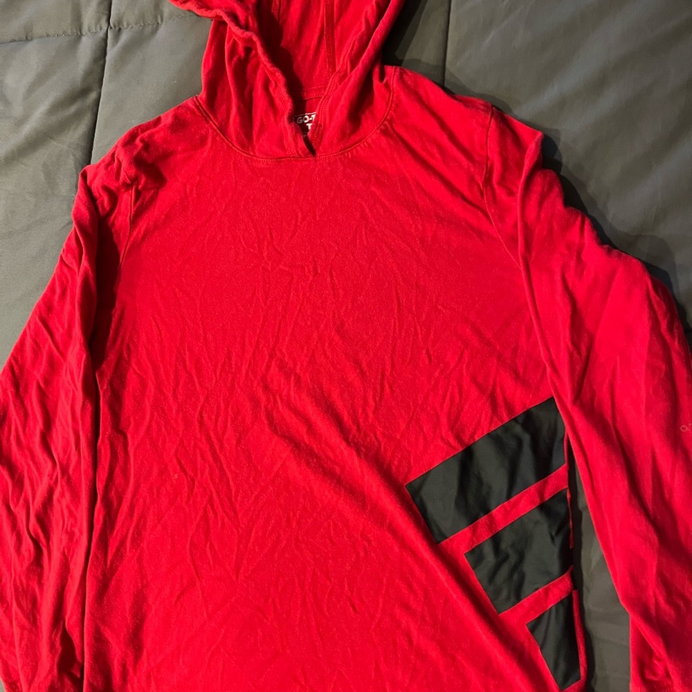 Red and black adidas long sleeve hooded shirt